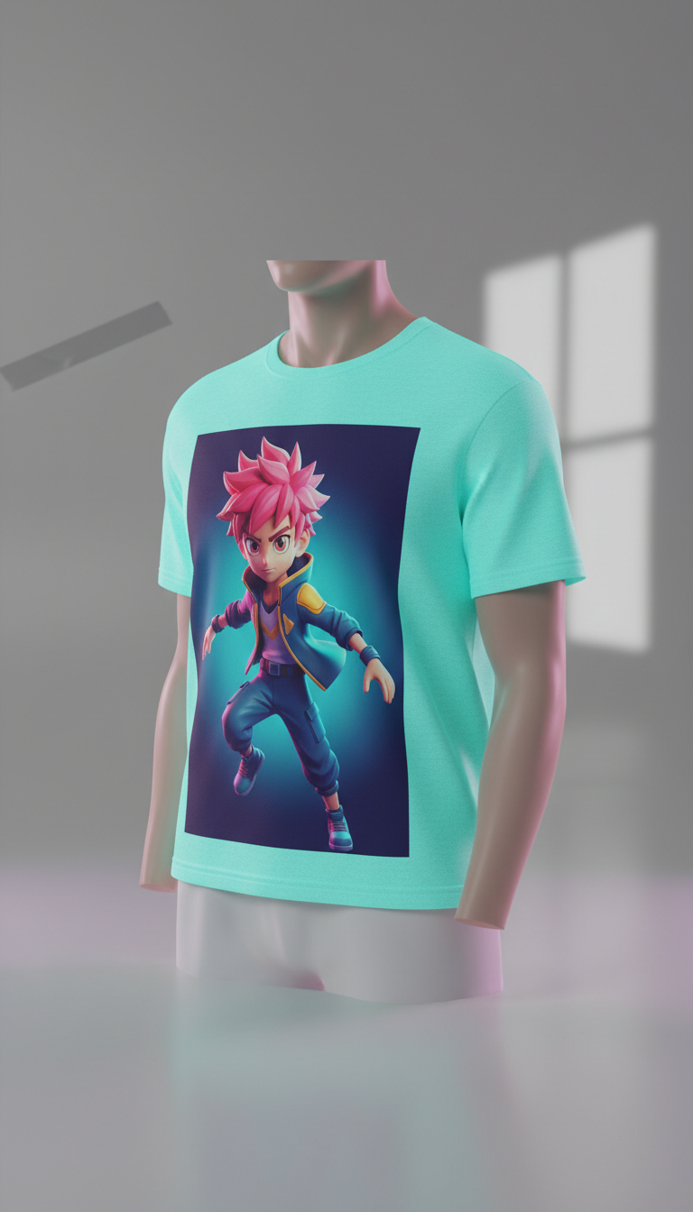 T-Shirt Turquoise Imprimé Anime 3D