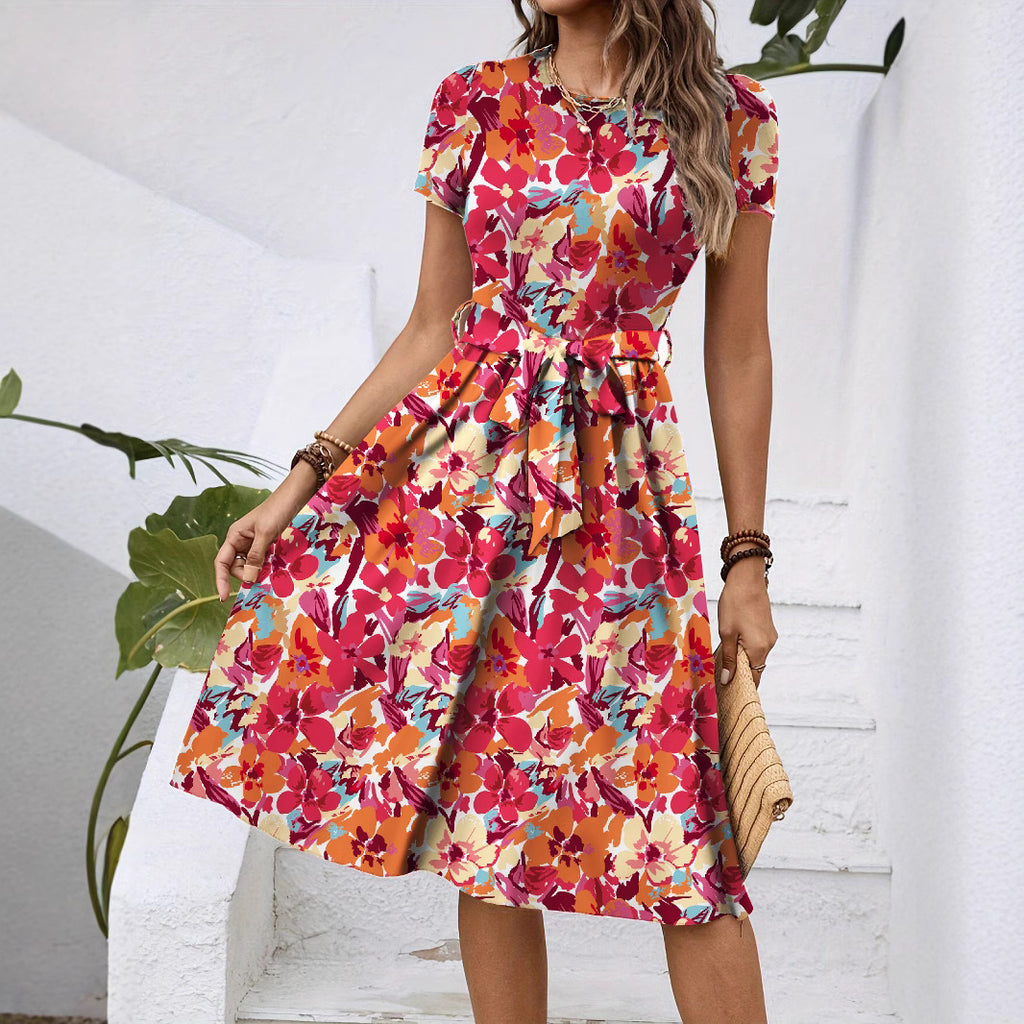 Robe Mi-Longue Fleurie Col Rond Manches Courtes