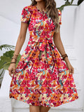 Robe Mi-Longue Fleurie Col Rond Manches Courtes