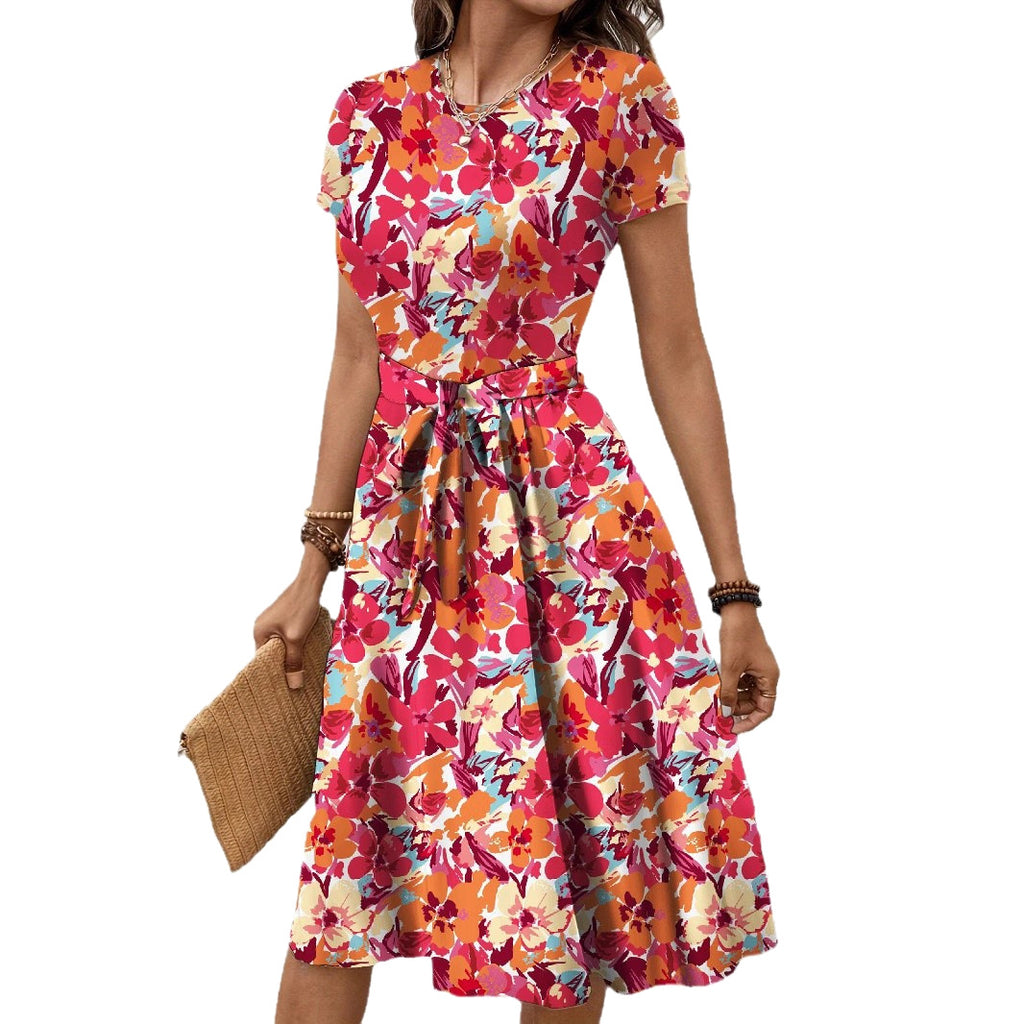 Robe Mi-Longue Fleurie Col Rond Manches Courtes