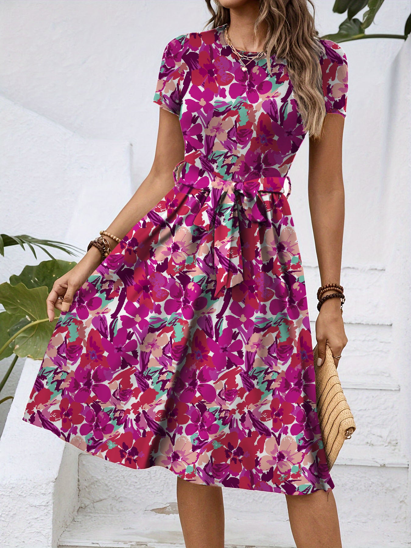 Robe Mi-Longue Fleurie Col Rond Manches Courtes