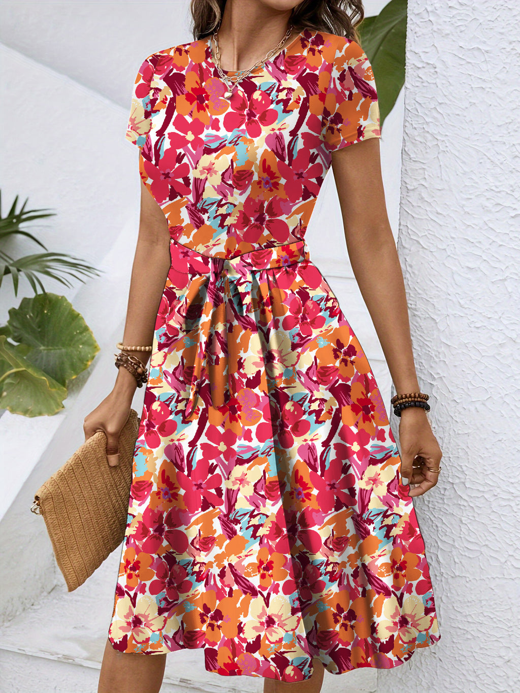 Robe Mi-Longue Fleurie Col Rond Manches Courtes