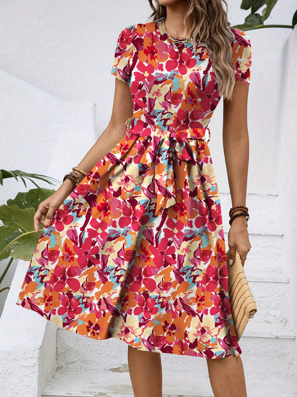 Robe Mi-Longue Fleurie Col Rond Manches Courtes