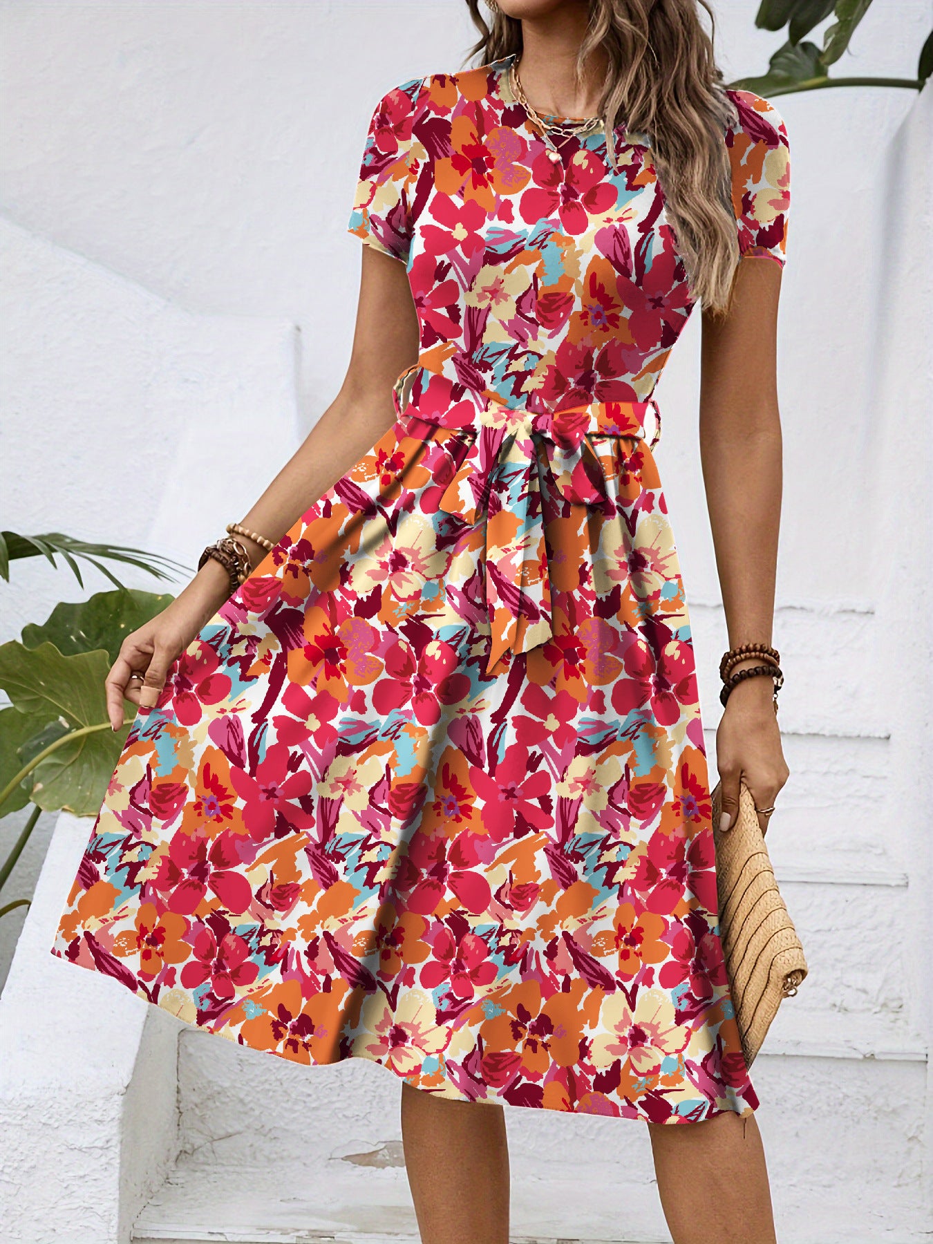 Robe Mi-Longue Fleurie Col Rond Manches Courtes