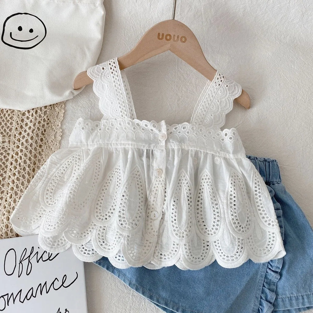 Ensemble 2 Pièces Dentelle et Short en Jean pour Fille