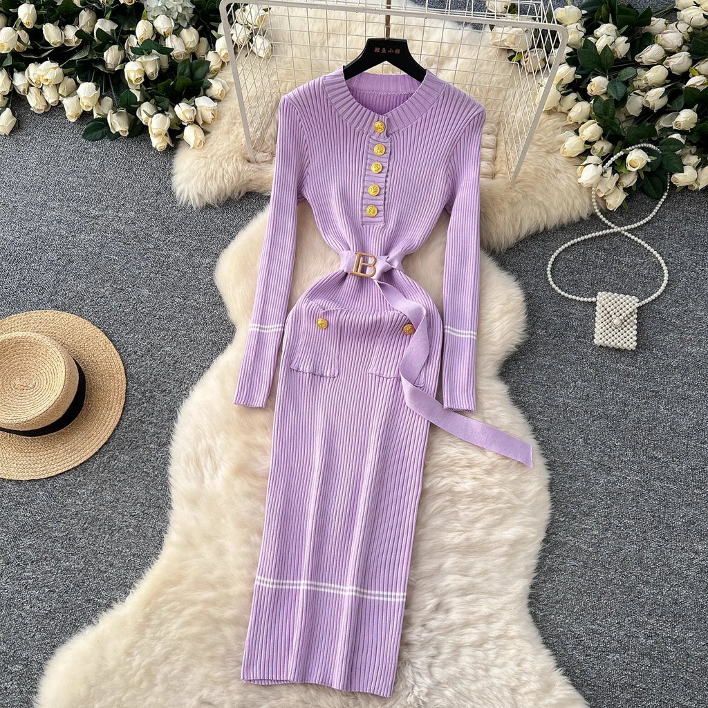 Robe Tricot Chic Ceinture Métallique