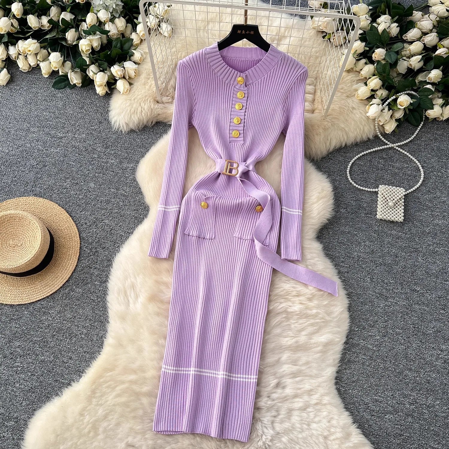 Robe Tricot Chic Ceinture Métallique