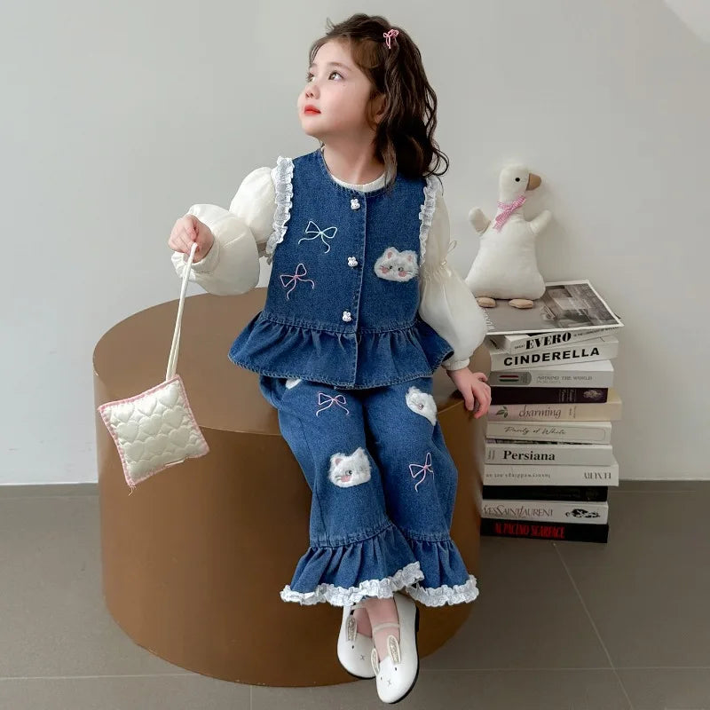 Ensemble 3 Pièces Denim et Dentelle pour Fille