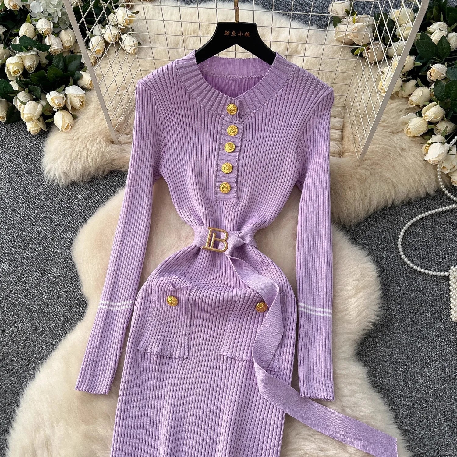 Robe Tricot Chic Ceinture Métallique
