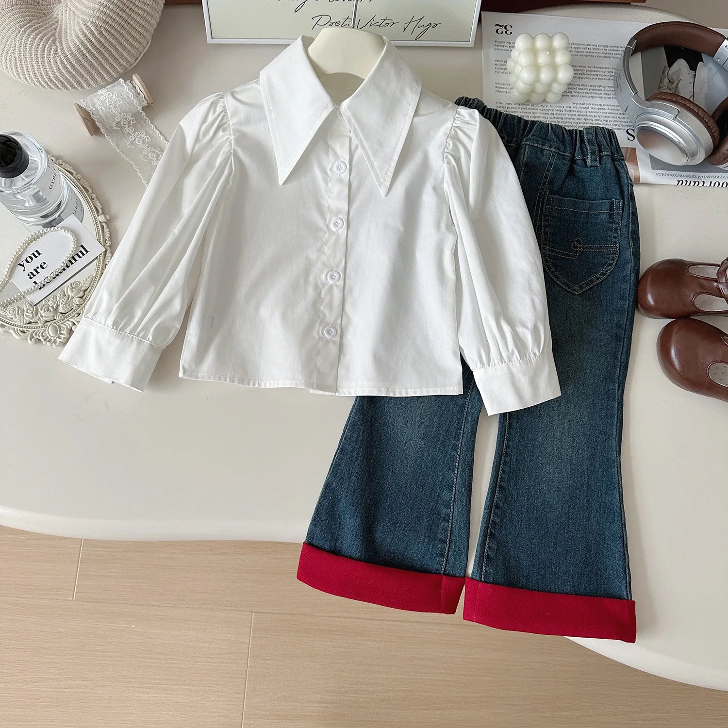 Ensemble Automne 3 Pièces Gilet, Chemise et Jean pour Fille