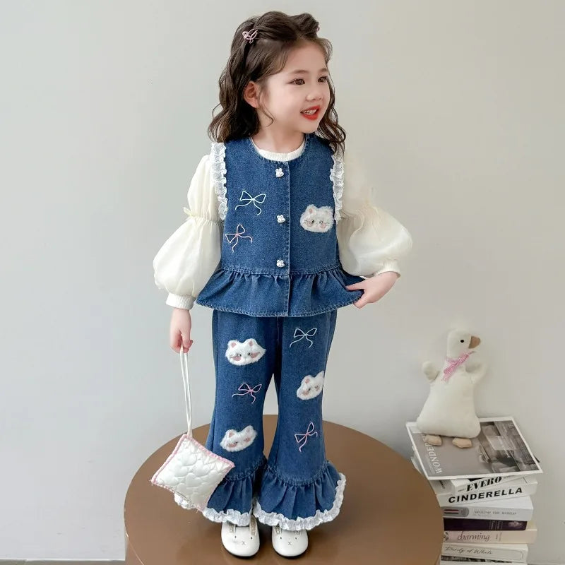 Ensemble 3 Pièces Denim et Dentelle pour Fille