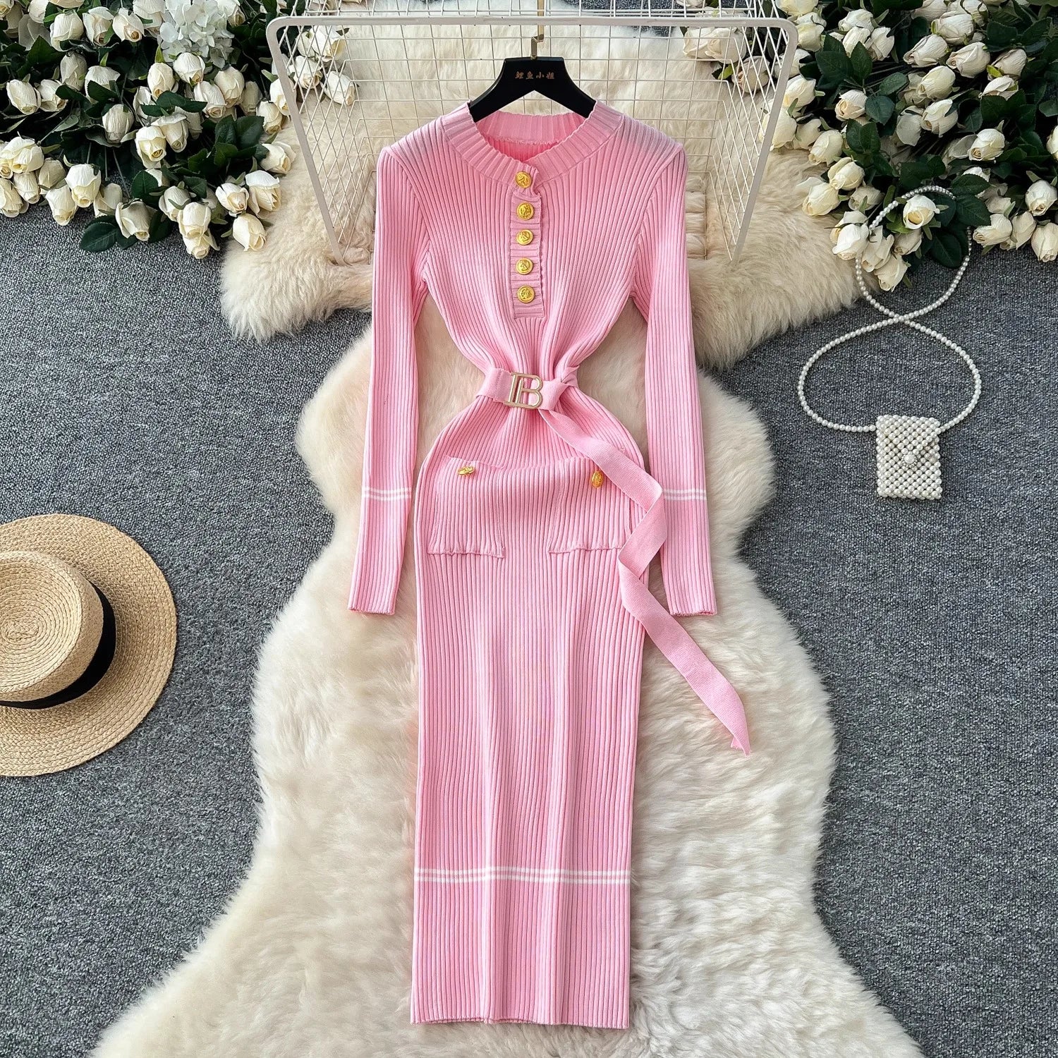 Robe Tricot Chic Ceinture Métallique