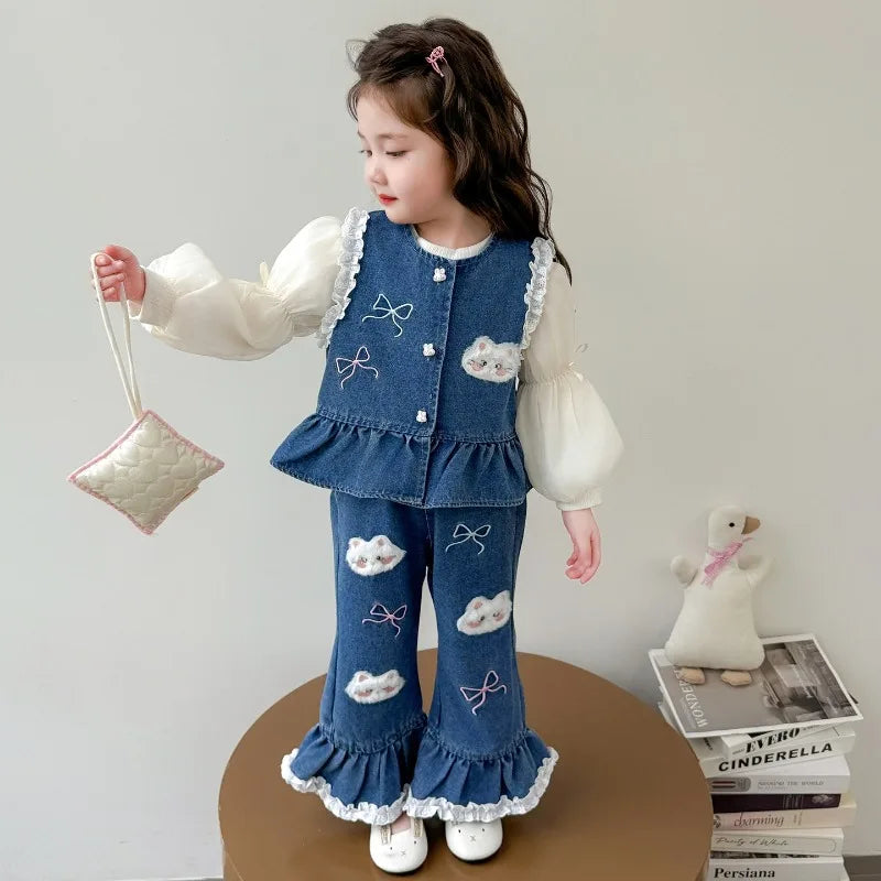 Ensemble 3 Pièces Denim et Dentelle pour Fille