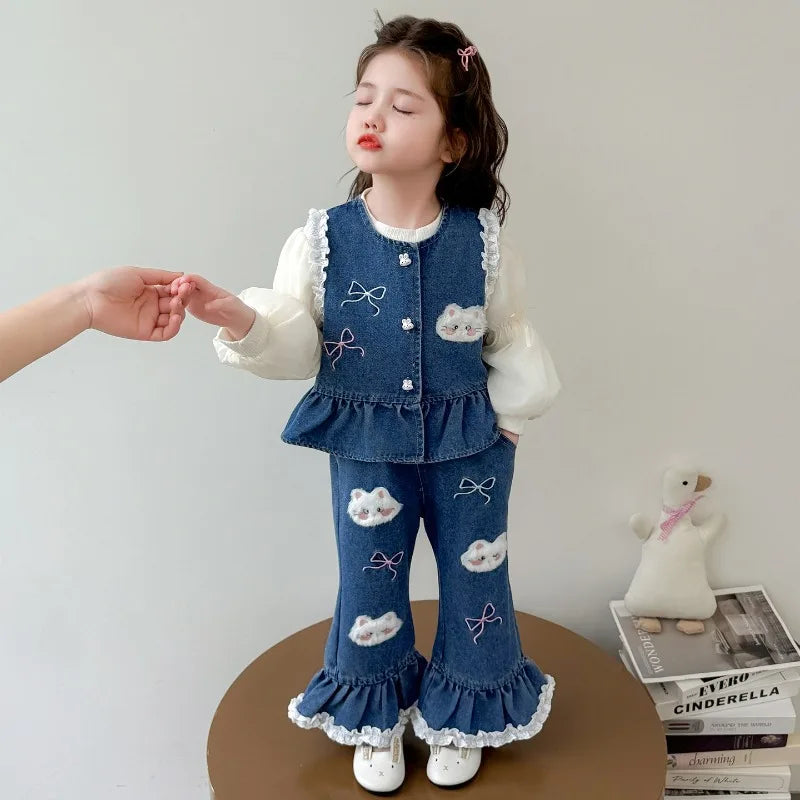 Ensemble 3 Pièces Denim et Dentelle pour Fille