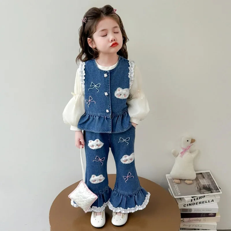 Ensemble 3 Pièces Denim et Dentelle pour Fille