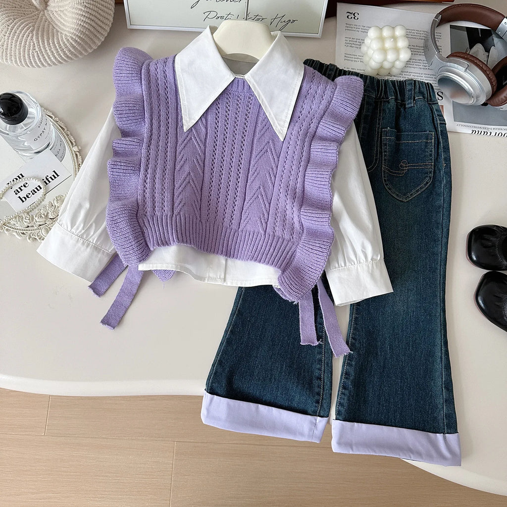 Ensemble Automne 3 Pièces Gilet, Chemise et Jean pour Fille