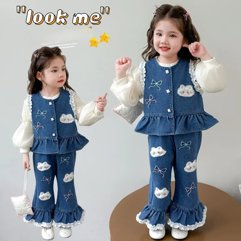 Ensemble 3 Pièces Denim et Dentelle pour Fille