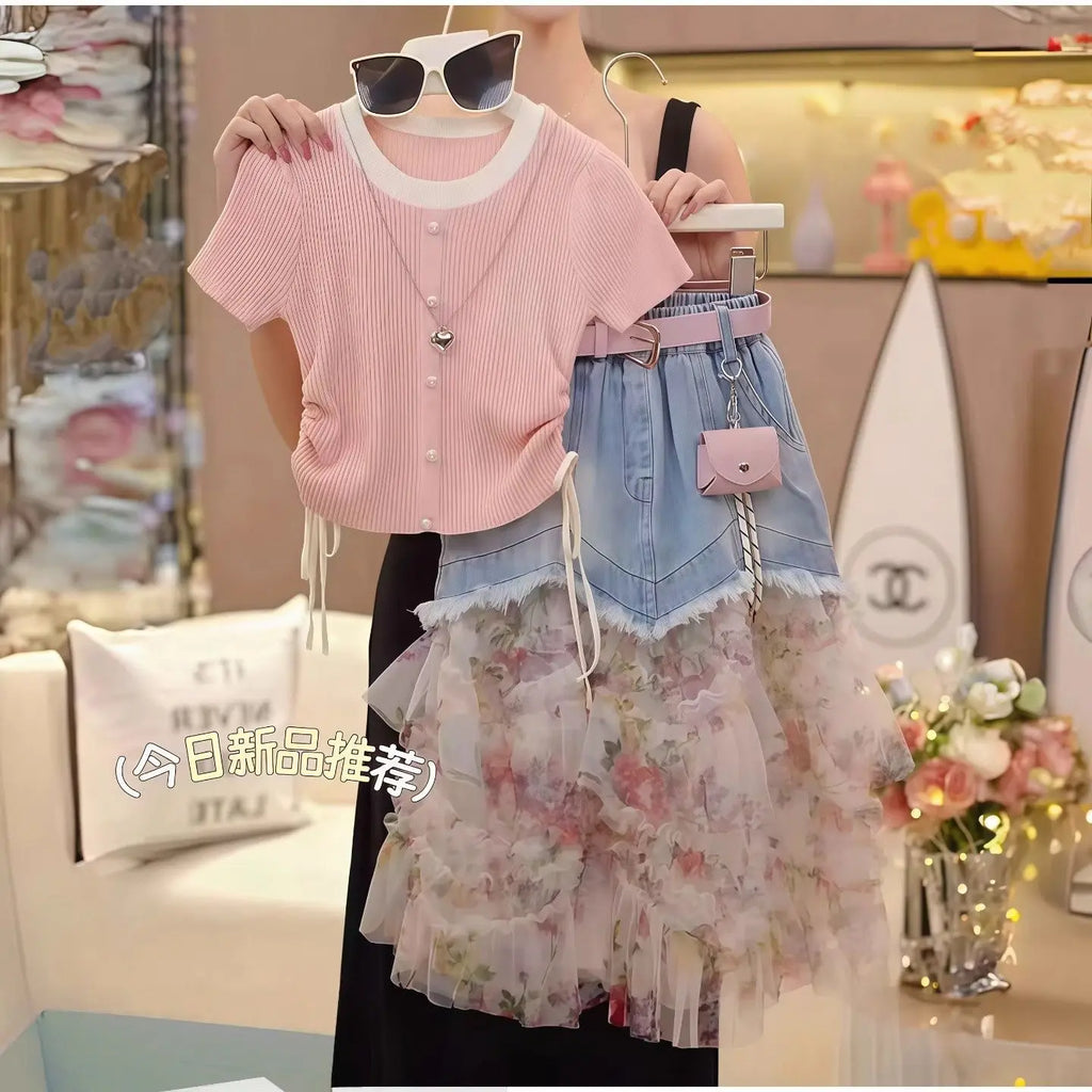 Ensemble Jupe en Jean et T-Shirt Tricot pour Fille