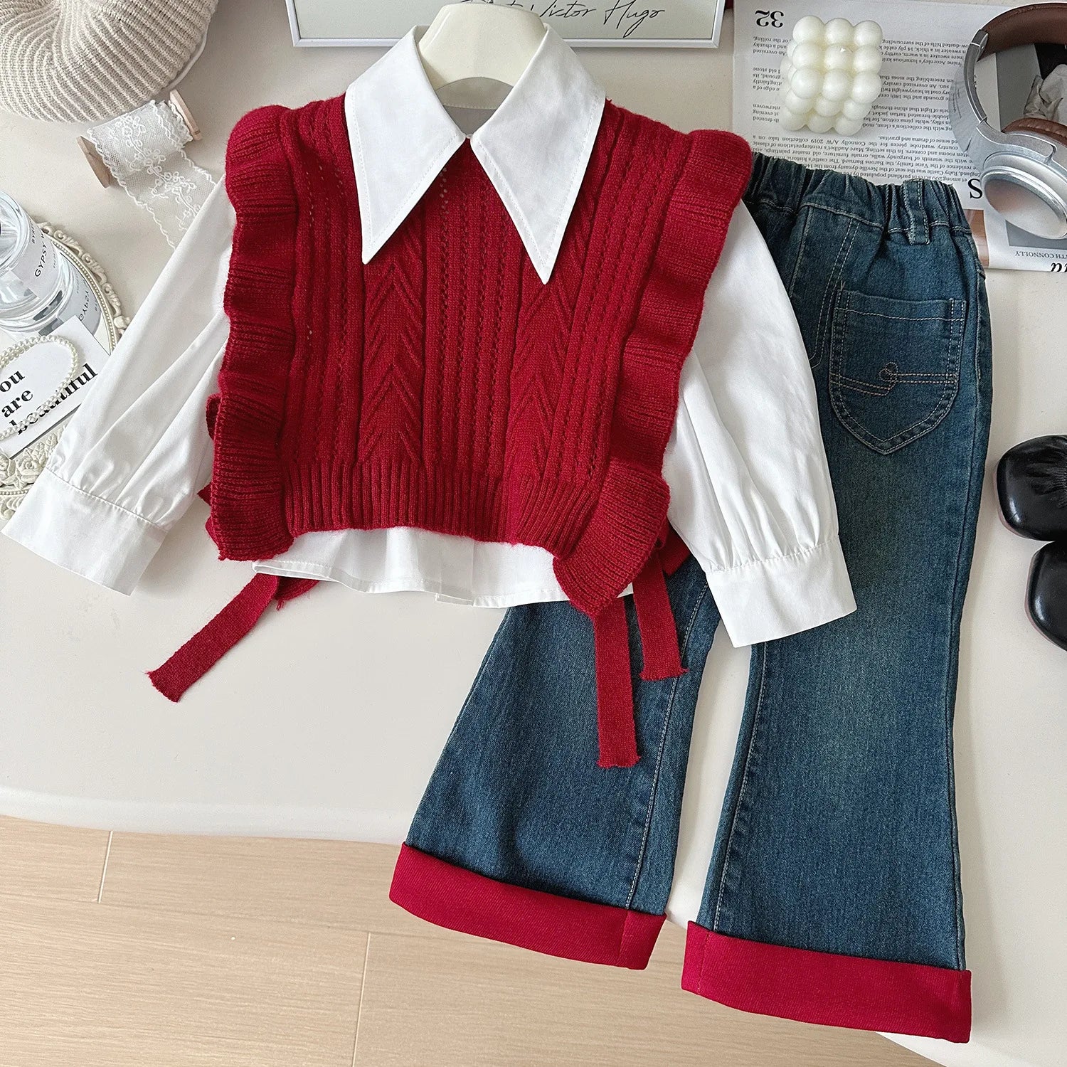 Ensemble Automne 3 Pièces Gilet, Chemise et Jean pour Fille