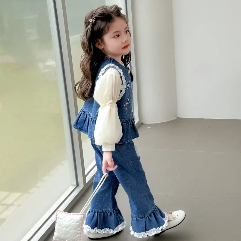 Ensemble 3 Pièces Denim et Dentelle pour Fille