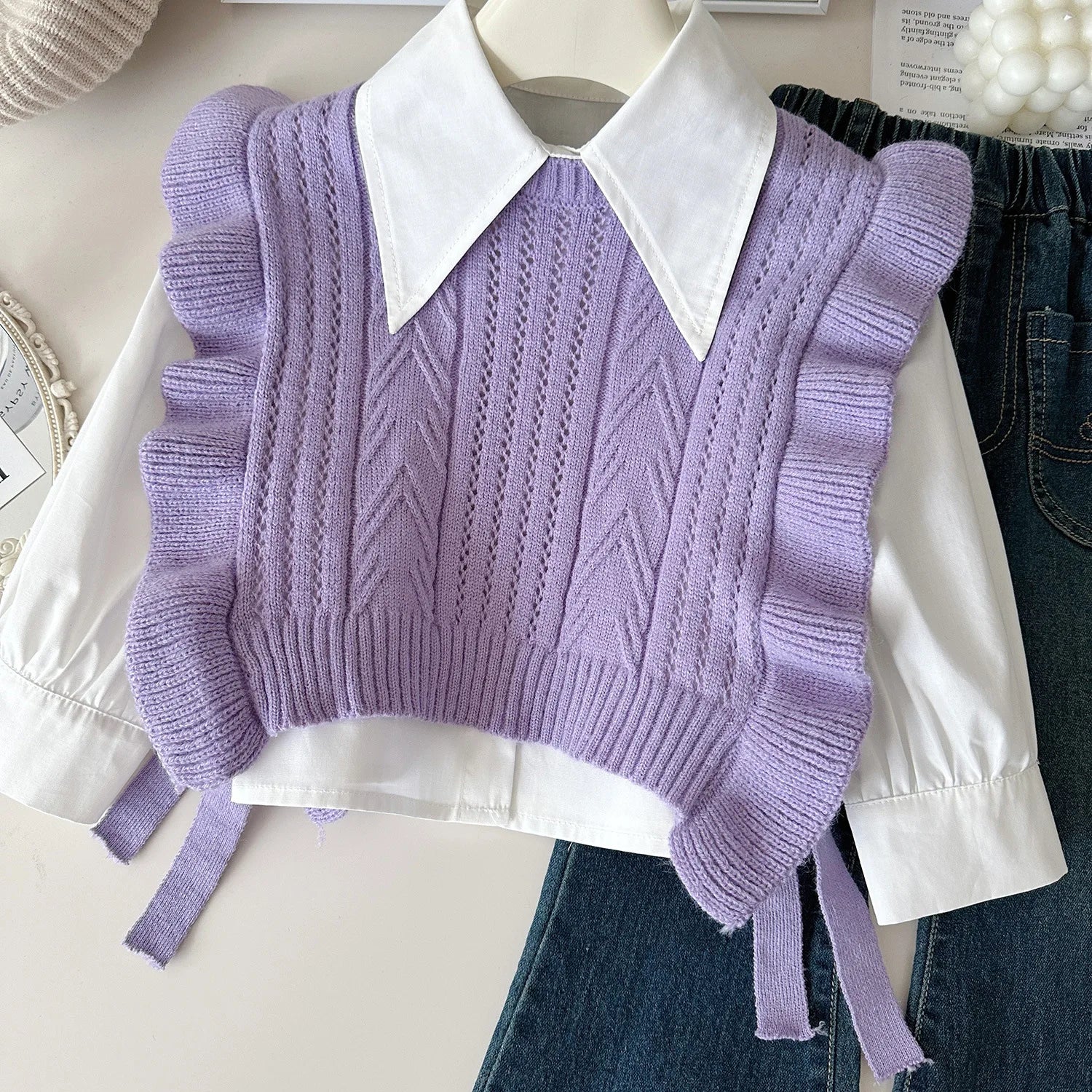 Ensemble Automne 3 Pièces Gilet, Chemise et Jean pour Fille
