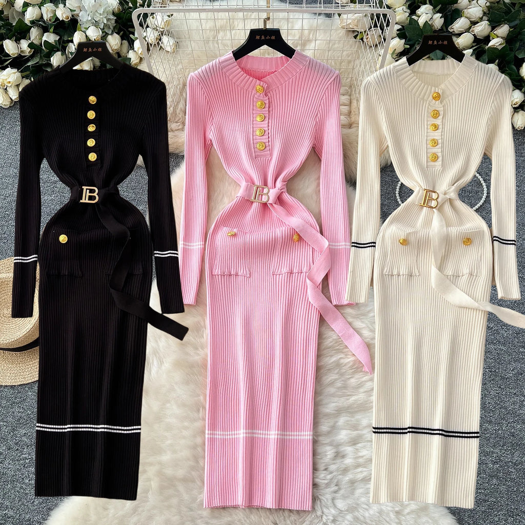Robe Tricot Chic Ceinture Métallique