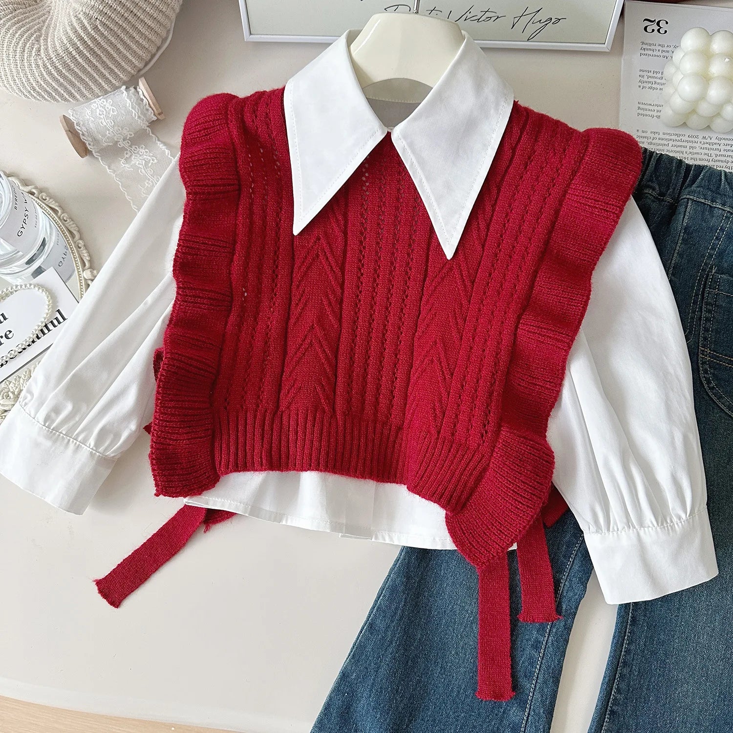 Ensemble Automne 3 Pièces Gilet, Chemise et Jean pour Fille