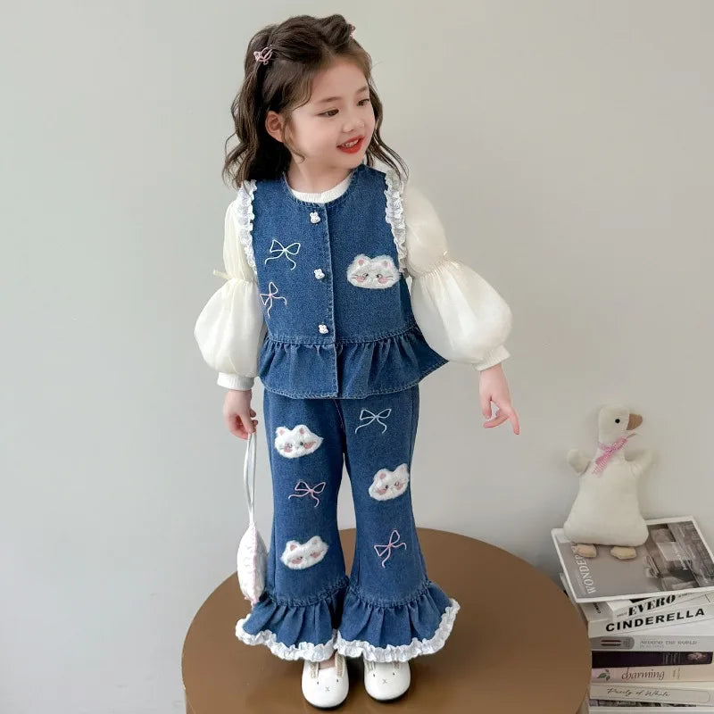 Ensemble 3 Pièces Denim et Dentelle pour Fille