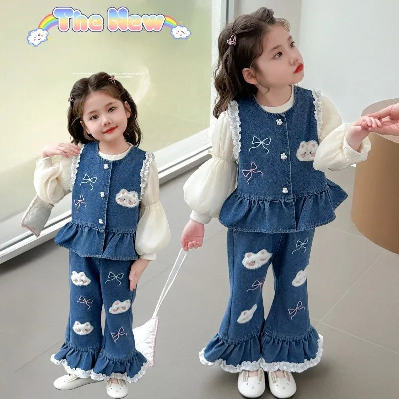 Ensemble 3 Pièces Denim et Dentelle pour Fille