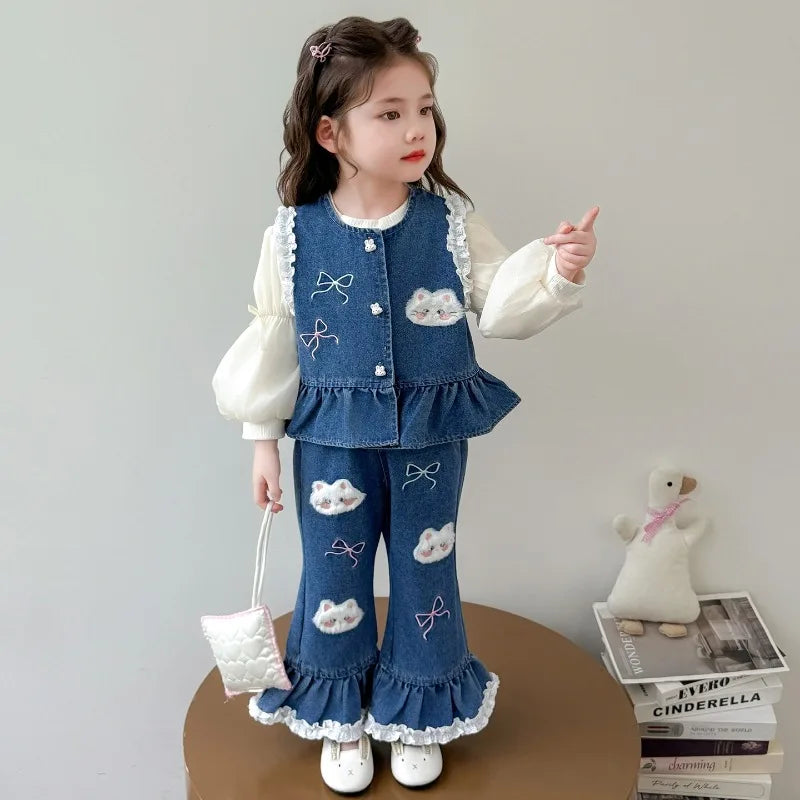 Ensemble 3 Pièces Denim et Dentelle pour Fille