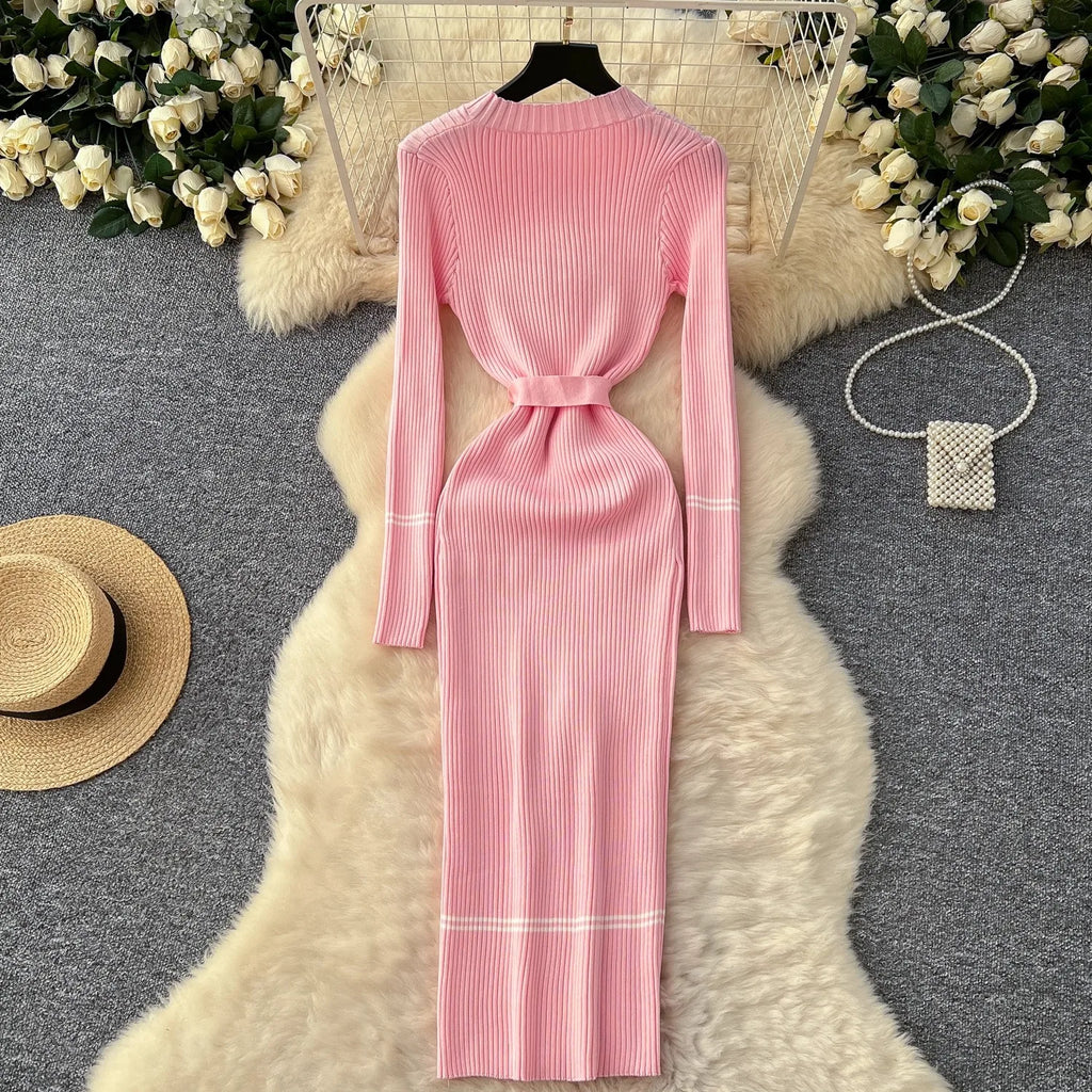 Robe Tricot Chic Ceinture Métallique