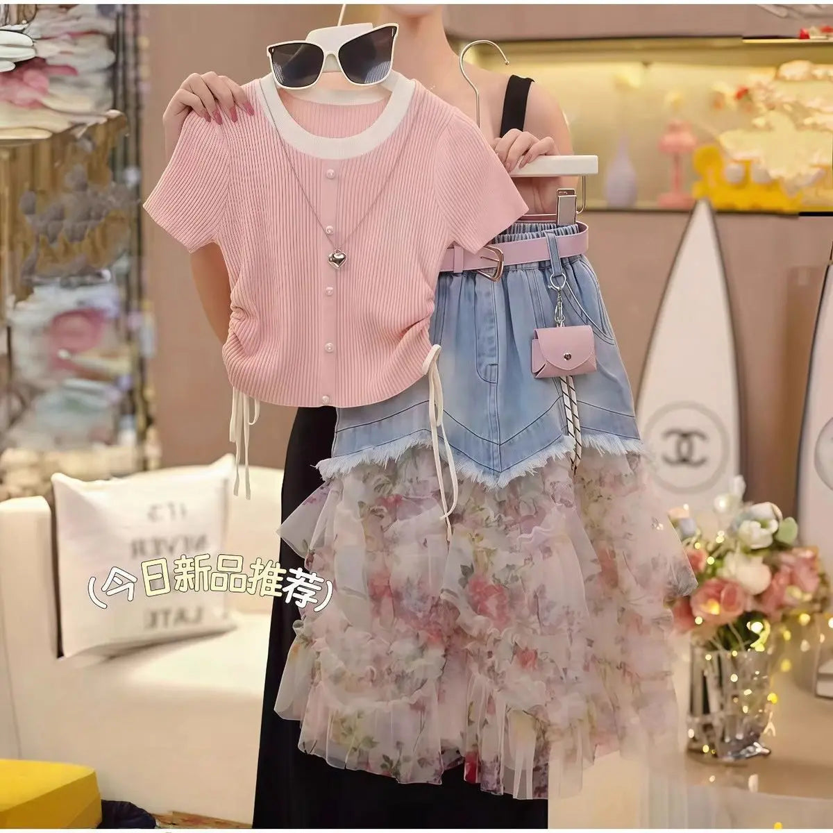 Ensemble Jupe en Jean et T-Shirt Tricot pour Fille