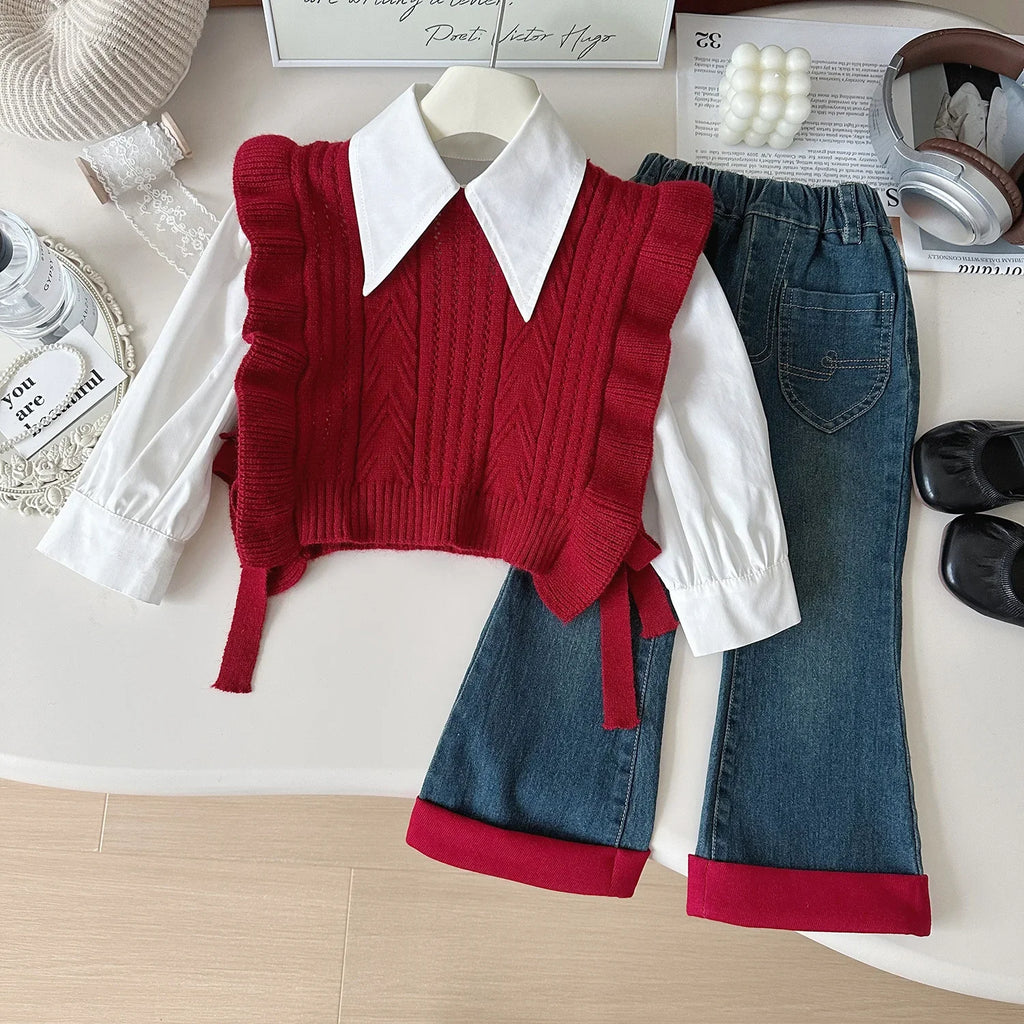 Ensemble Automne 3 Pièces Gilet, Chemise et Jean pour Fille