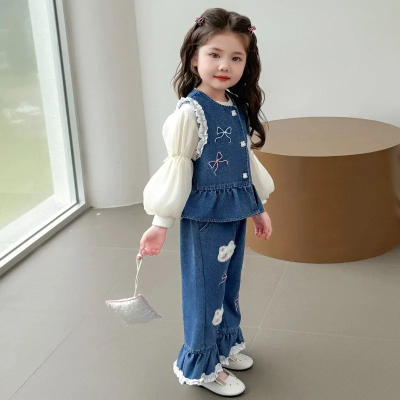 Ensemble 3 Pièces Denim et Dentelle pour Fille