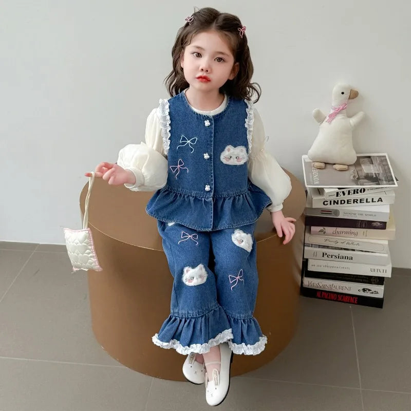 Ensemble 3 Pièces Denim et Dentelle pour Fille
