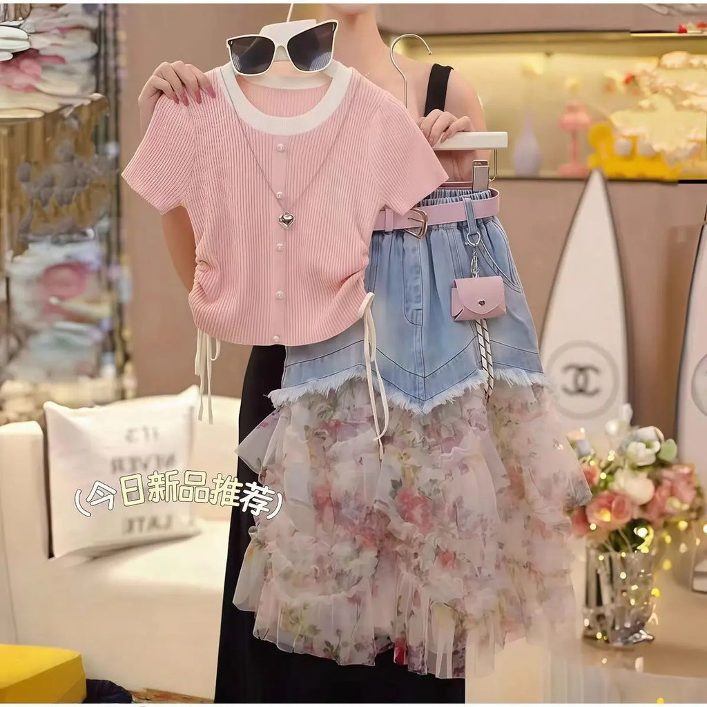 Ensemble Jupe en Jean et T-Shirt Tricot pour Fille