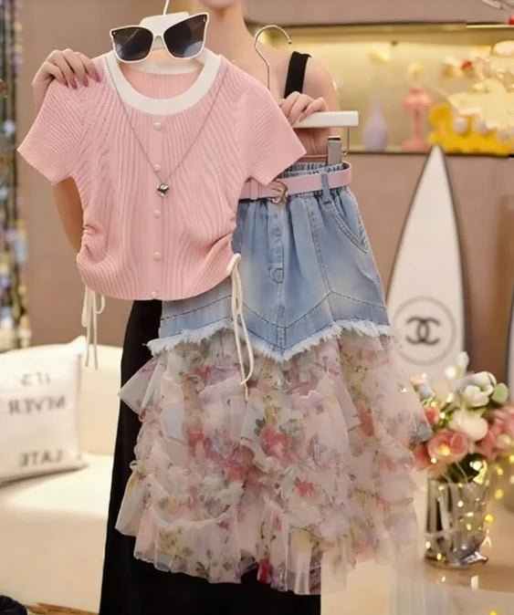 Ensemble Jupe en Jean et T-Shirt Tricot pour Fille
