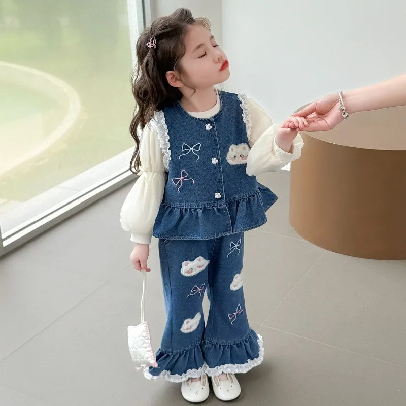Ensemble 3 Pièces Denim et Dentelle pour Fille