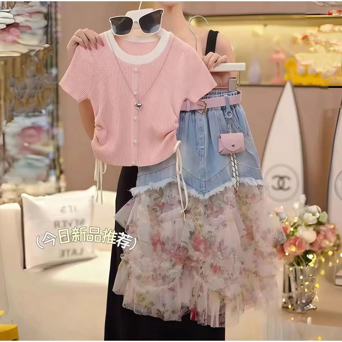 Ensemble Jupe en Jean et T-Shirt Tricot pour Fille