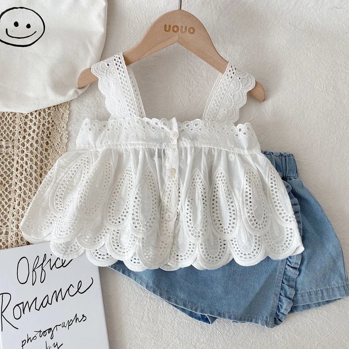 Ensemble 2 Pièces Dentelle et Short en Jean pour Fille