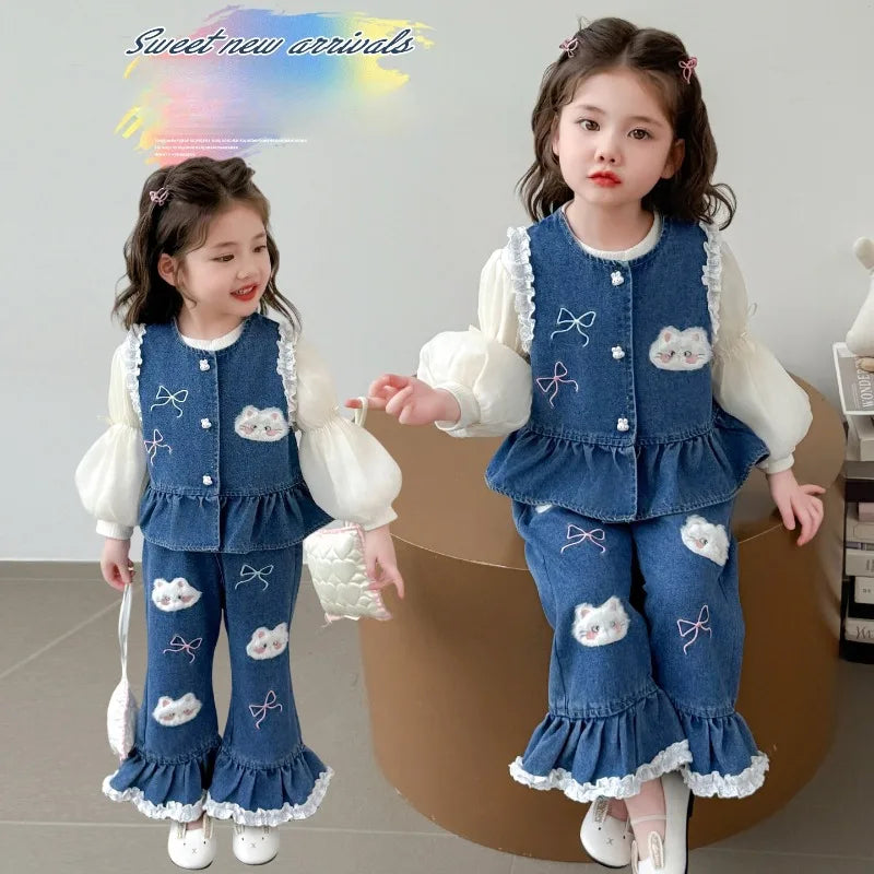 Ensemble 3 Pièces Denim et Dentelle pour Fille
