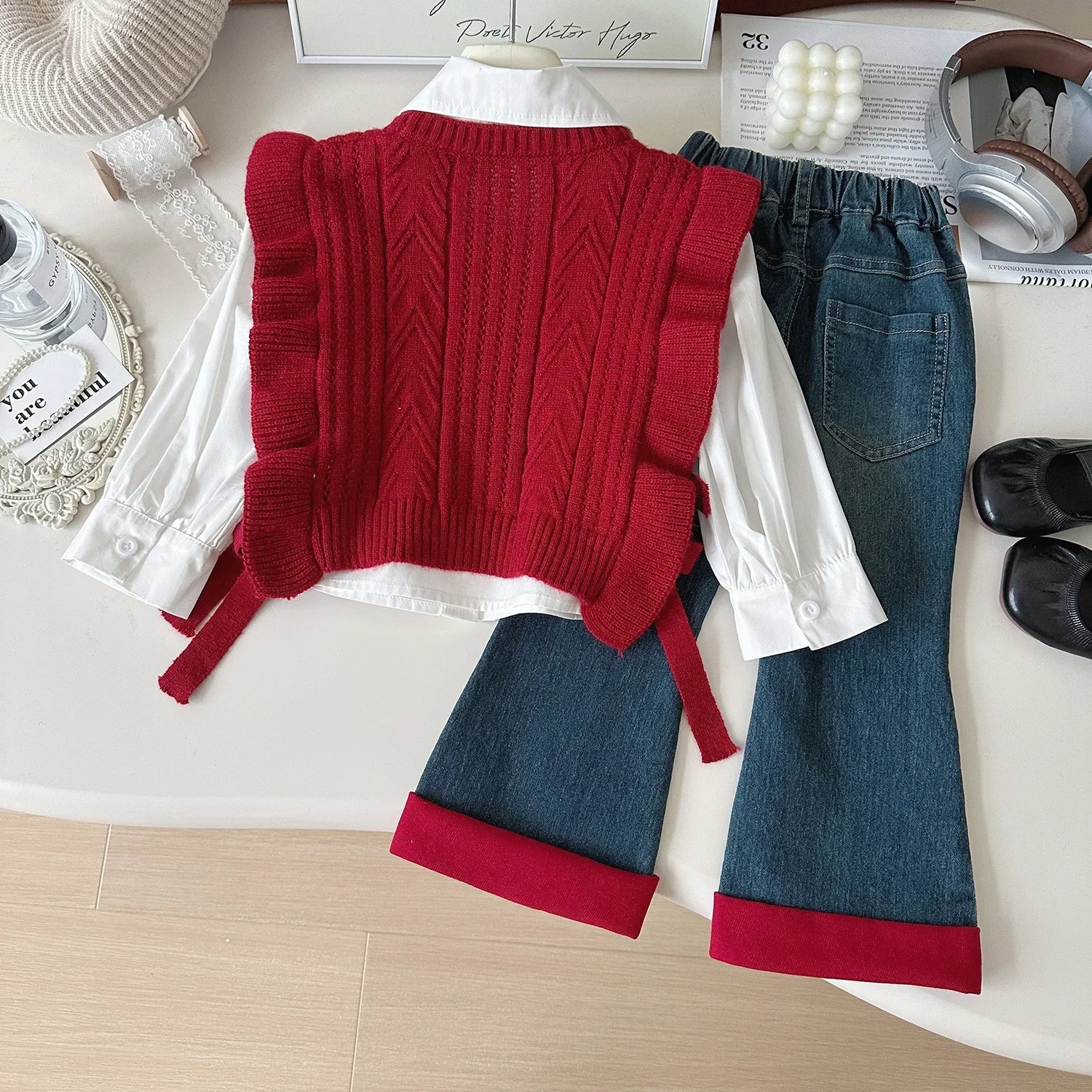 Ensemble Automne 3 Pièces Gilet, Chemise et Jean pour Fille