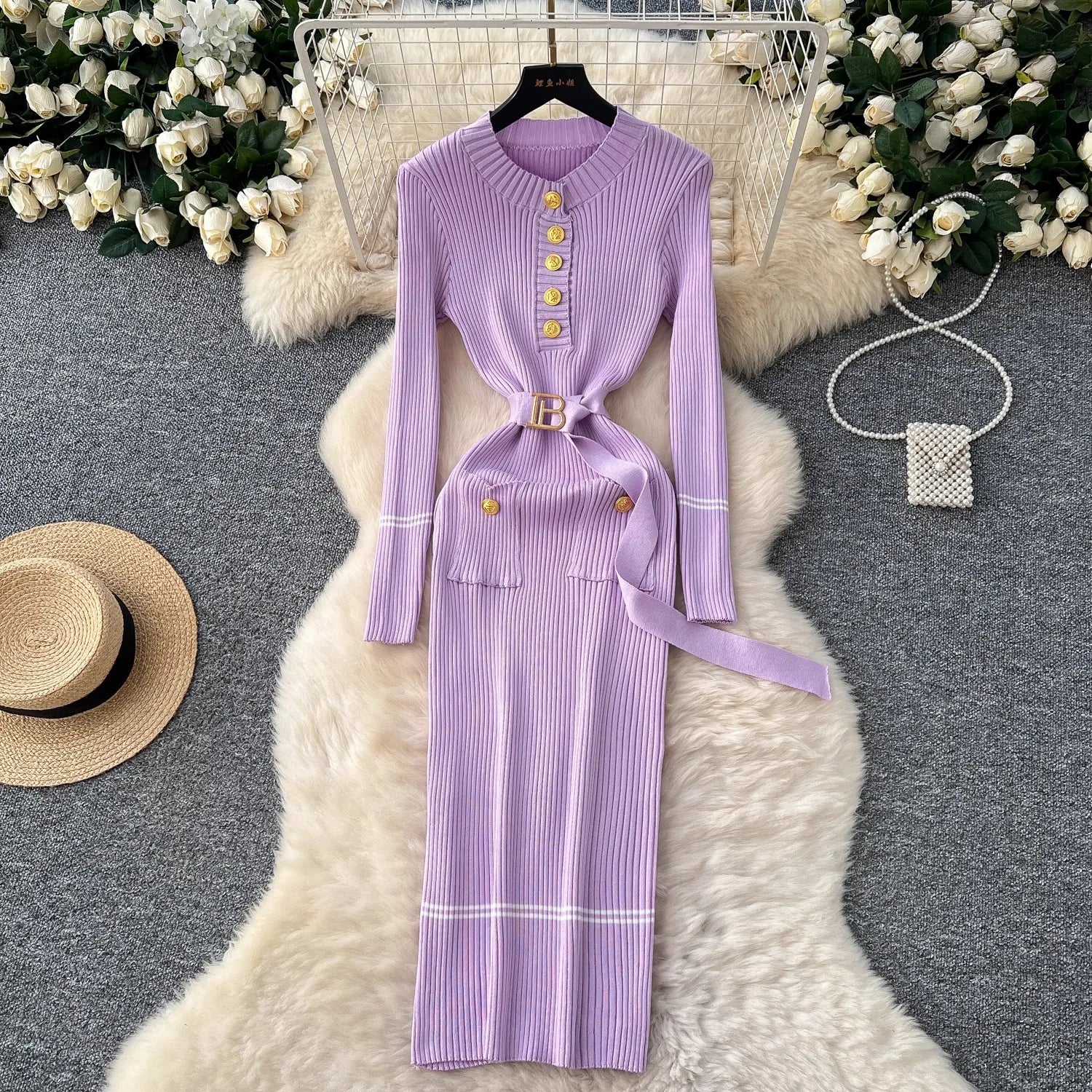 Robe Tricot Chic Ceinture Métallique