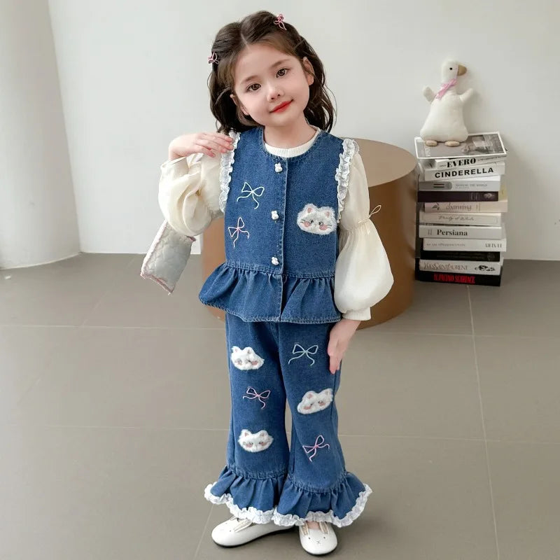 Ensemble 3 Pièces Denim et Dentelle pour Fille