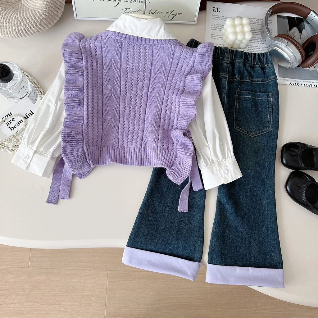 Ensemble Automne 3 Pièces Gilet, Chemise et Jean pour Fille