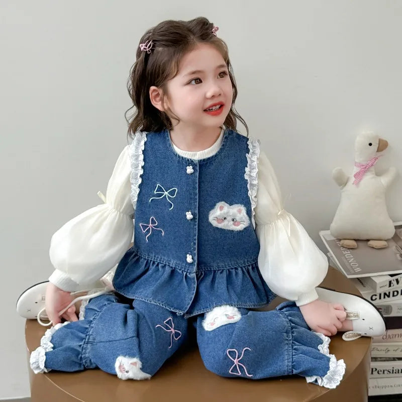 Ensemble 3 Pièces Denim et Dentelle pour Fille