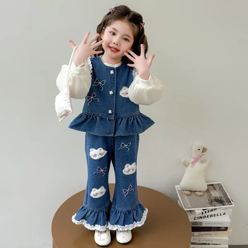 Ensemble 3 Pièces Denim et Dentelle pour Fille