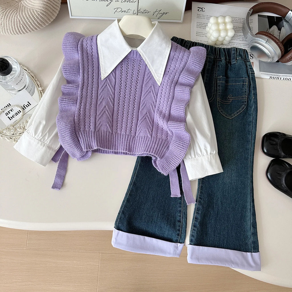 Ensemble Automne 3 Pièces Gilet, Chemise et Jean pour Fille
