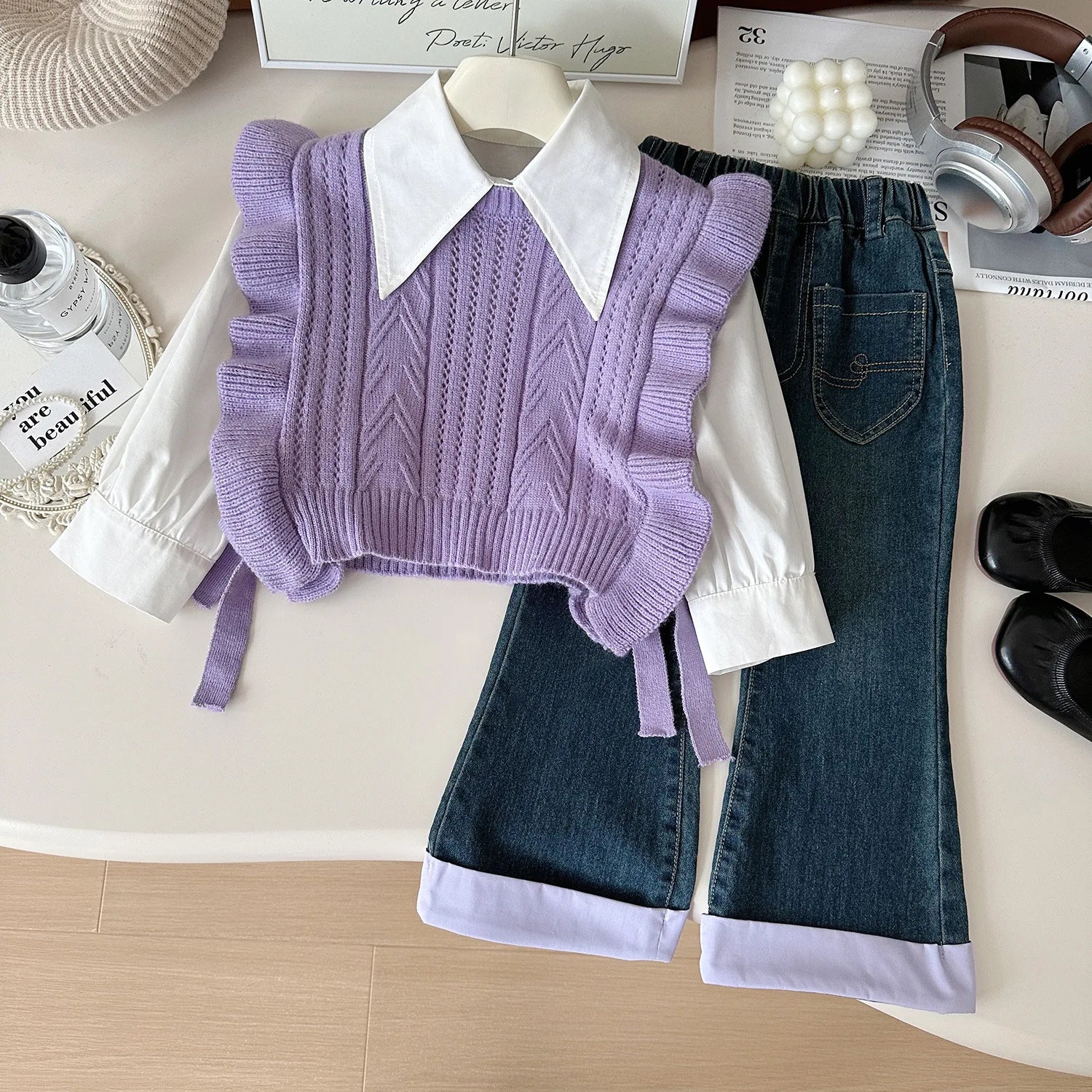 Ensemble Automne 3 Pièces Gilet, Chemise et Jean pour Fille