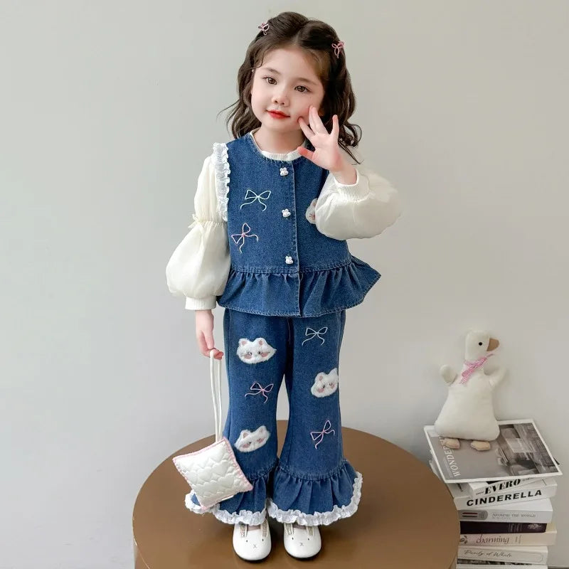 Ensemble 3 Pièces Denim et Dentelle pour Fille